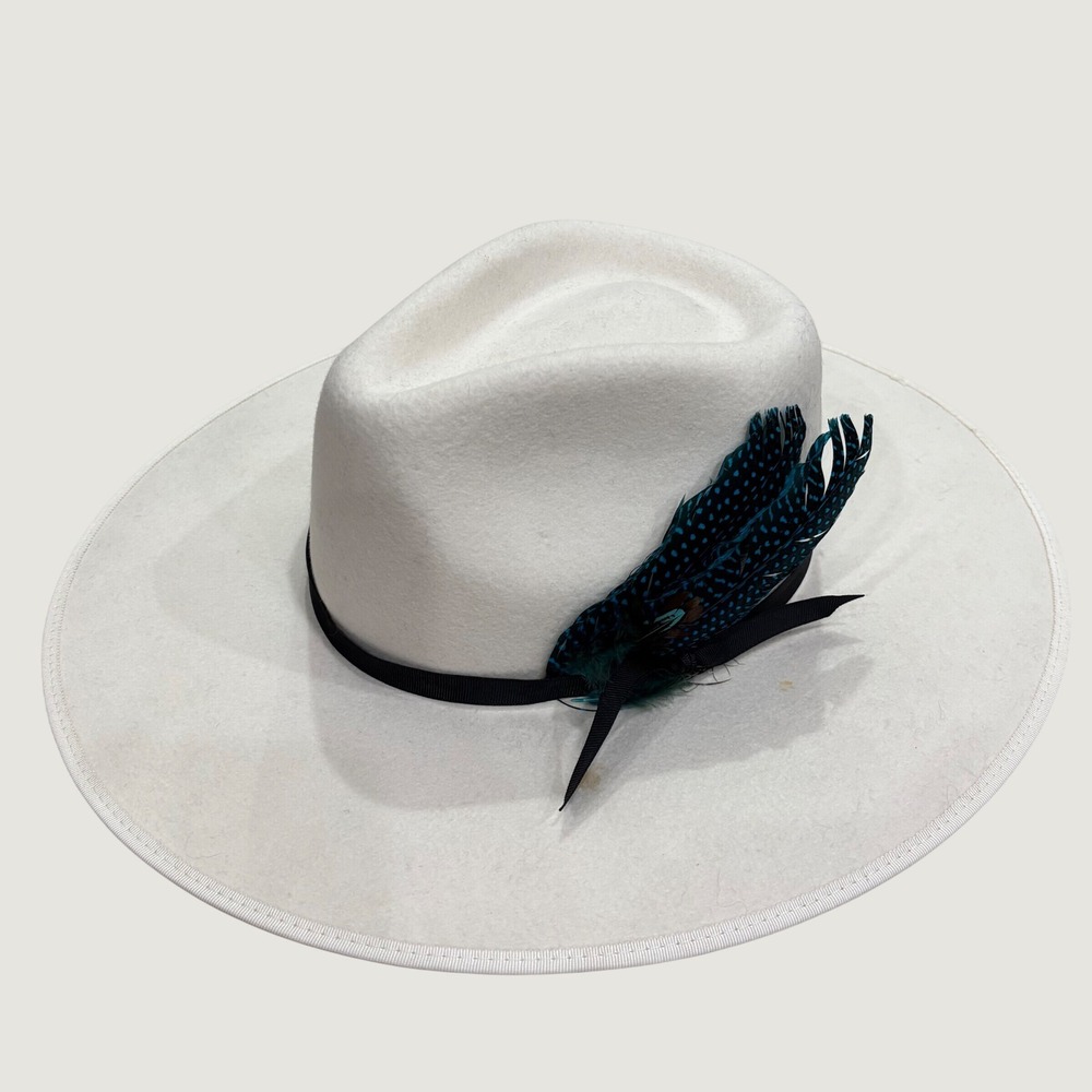 Flea Style White Australian Wool Wide Brim Fedora Hat Texas Feather 58cm